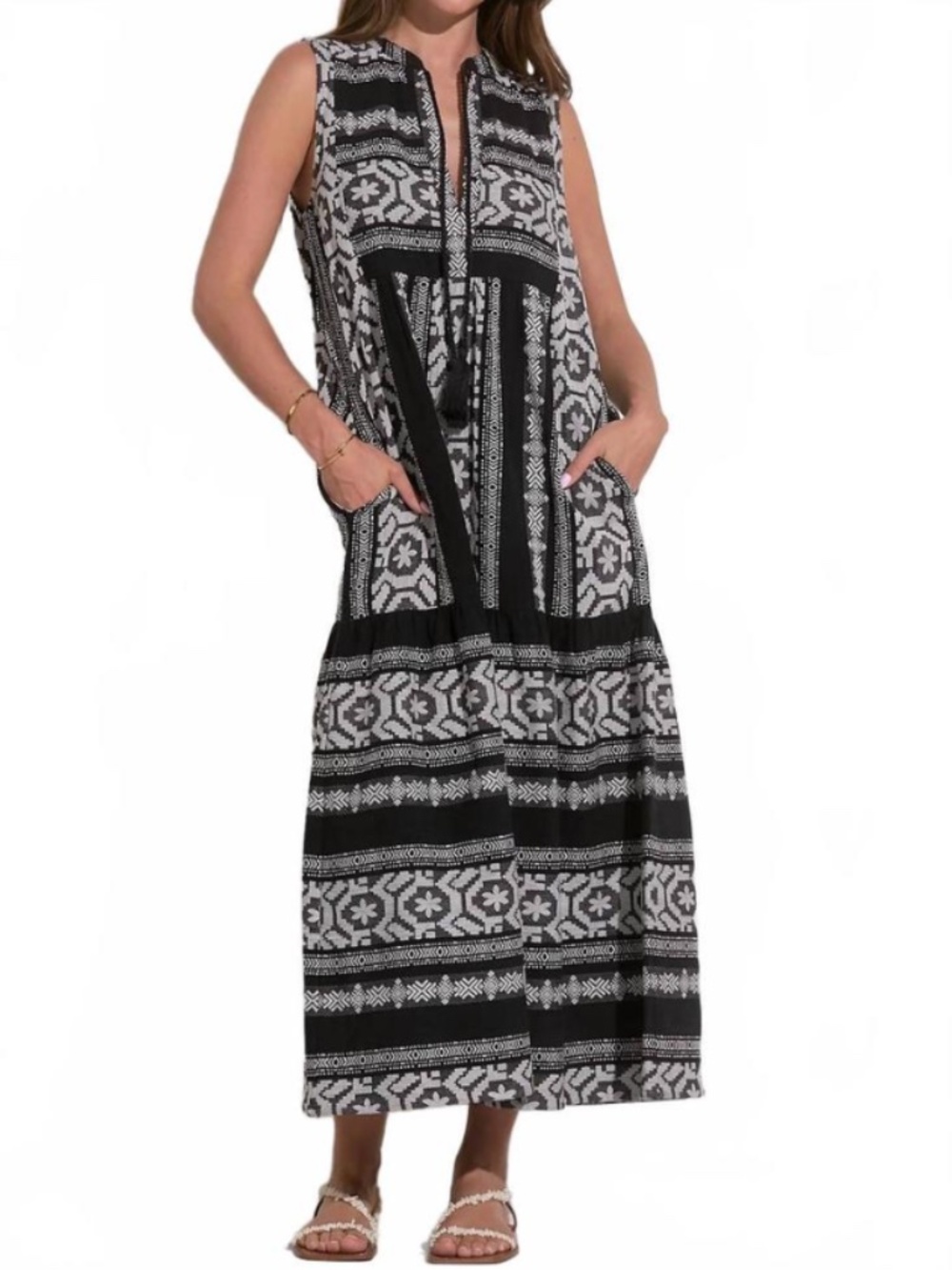 Elan Medium M black white sleeveless maxi dress aztec print